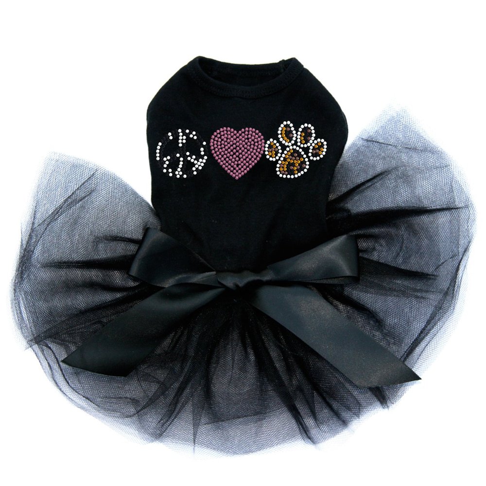 Peace, Love, Paw - Animal Print - Bling Rhinestone Dog Tutu Dress, XS Black