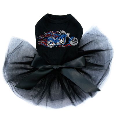Motorcycle - Large Red, White, & Blue with Flames - Bling Rhinestone Patriotic Dog Tutu Dress, 3XL Black