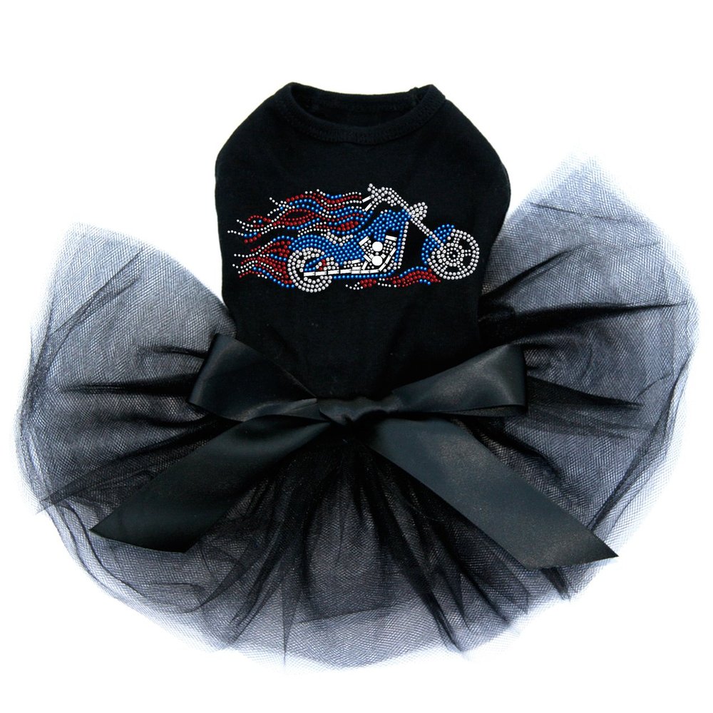 Motorcycle - Large Red, White, & Blue with Flames - Bling Rhinestone Patriotic Dog Tutu Dress, 3XL Black