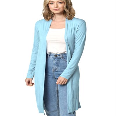 MBJ WSK1048 Womens Solid Long Sleeve Open Front Long Cardigan L Aqua
