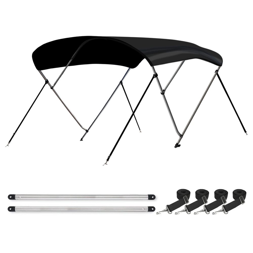 Leader Accessories 3 Bow Black 6'L x 46" H x 79"-84" W Bimini Top Boat Cover Includes 4 Straps 2 Rear Support Poles Mounting Hardwares Storage Boot with 1" Aluminum Frame