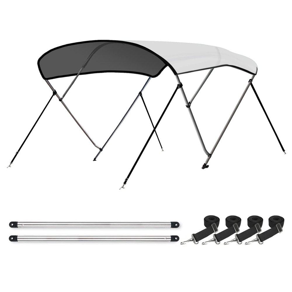 Leader Accessories 3 Bow White 6'L x 46" H x 79"-84" W Bimini Top Boat Cover Includes 4 Straps 2 Rear Support Poles Mounting Hardwares Storage Boot with 1" Aluminum Frame