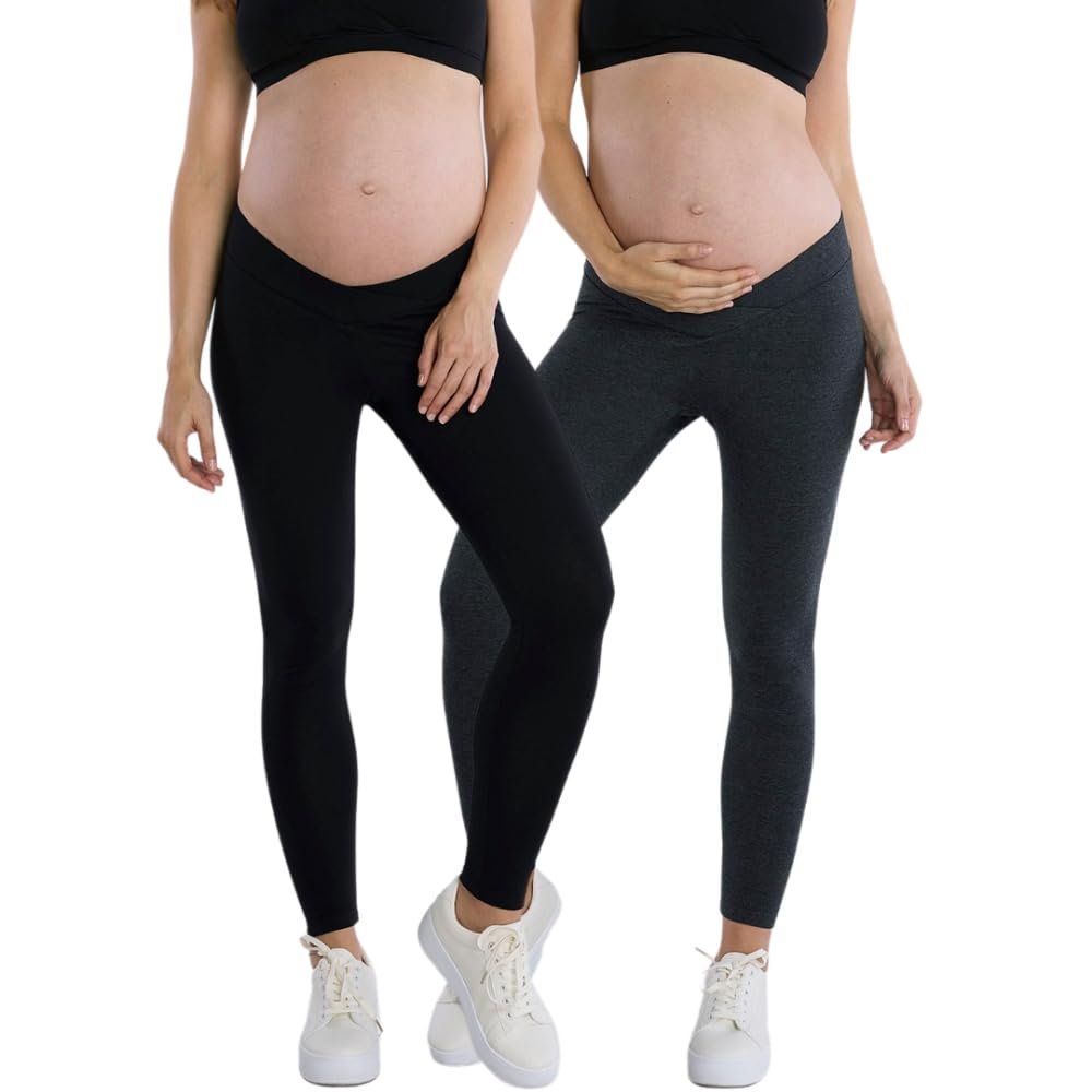 Motherhood Maternity Women's Bump Start Under Belly Full Length Pregnancy Leggings-2 Pack, Black/Grey, Small