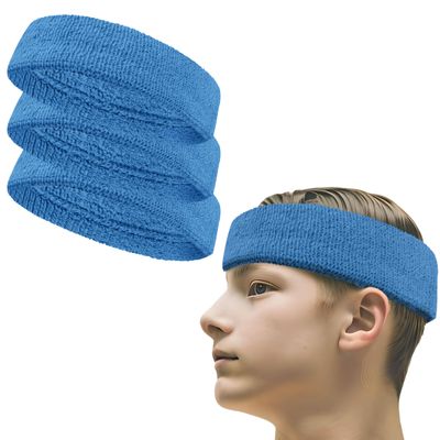 COUVER Premium Quality Stretchable Multi-Sports Terry Cloth Headband, 3 Piece, Sky Blue
