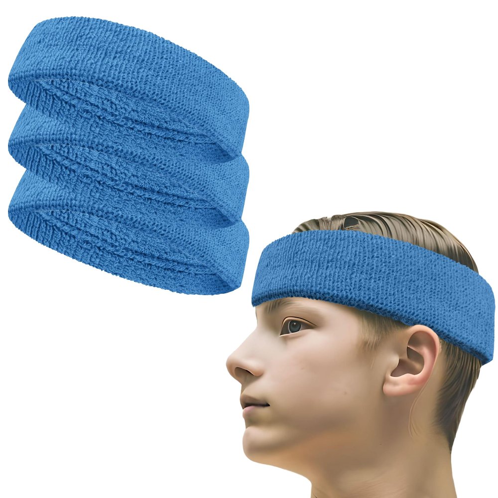 COUVER Premium Quality Stretchable Multi-Sports Terry Cloth Headband, 3 Piece, Sky Blue