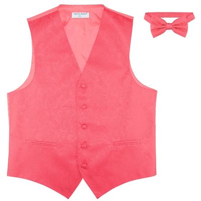 Men's Paisley Design Dress Vest & Bow Tie Coral Pink Color Bowtie Set sz 3XL