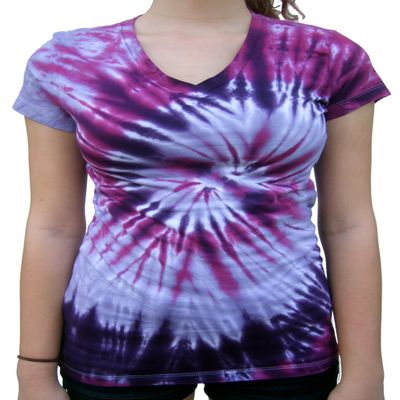 Rockin' Cactus Women's(Reg) V-Neck Tie Dye Shirt-Purple Spiral-M