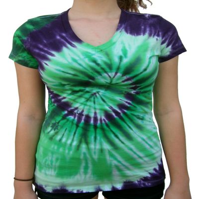 Rockin' Cactus Women's(Reg) V-Neck Tie Dye Shirt-Green & Purple Spiral-XL