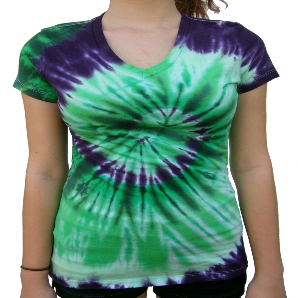 Rockin' Cactus Women's(Reg) V-Neck Tie Dye Shirt-Green & Purple Spiral-XL