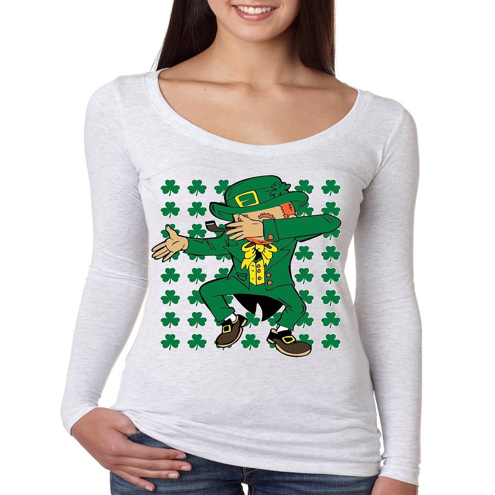 ALLNTRENDS Women's Shirt Irish Dab Dabbing Leprechaun St Patrick's Day Shamrock (L, Heather White)