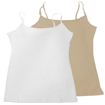 Active Basic Women's Long Cami w/Built in Bra Adjustable Strap - 2 Pack - White, Khaki, Medium