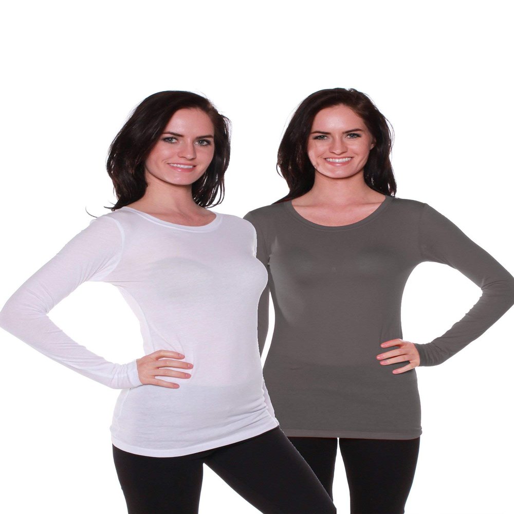 Active Basic Athletic Fitted Plain Long Sleeves Round Crew Neck T Shirt Top,2 Pack - White, Charcoal,Medium