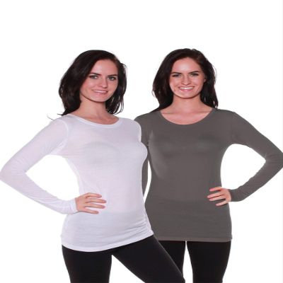 Active Basic Athletic Fitted Plain Long Sleeves Round Crew Neck T Shirt Top, 2 Pack - White, Charcoal, Small