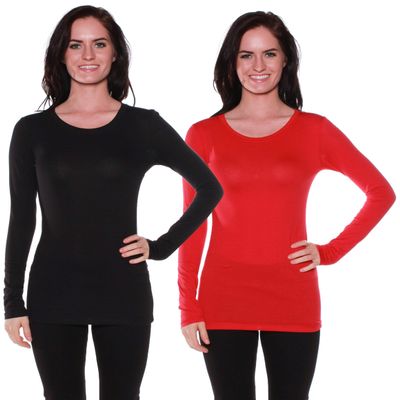 Active Basic Athletic Fitted Plain Long Sleeves Round Crew Neck T Shirt Top - Black/Red - Medium