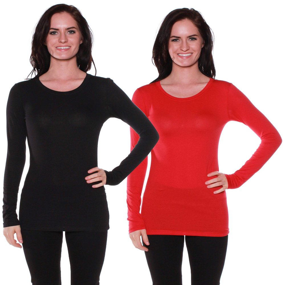 Active Basic Athletic Fitted Plain Long Sleeves Round Crew Neck T Shirt Top - Black/Red - Medium