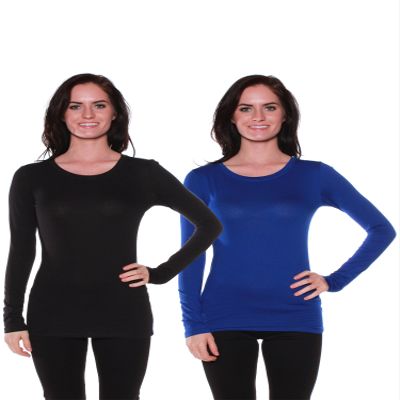 Active Basic Athletic Fitted Plain Long Sleeves Round Crew Neck T Shirt Top - Black/Royal - Small