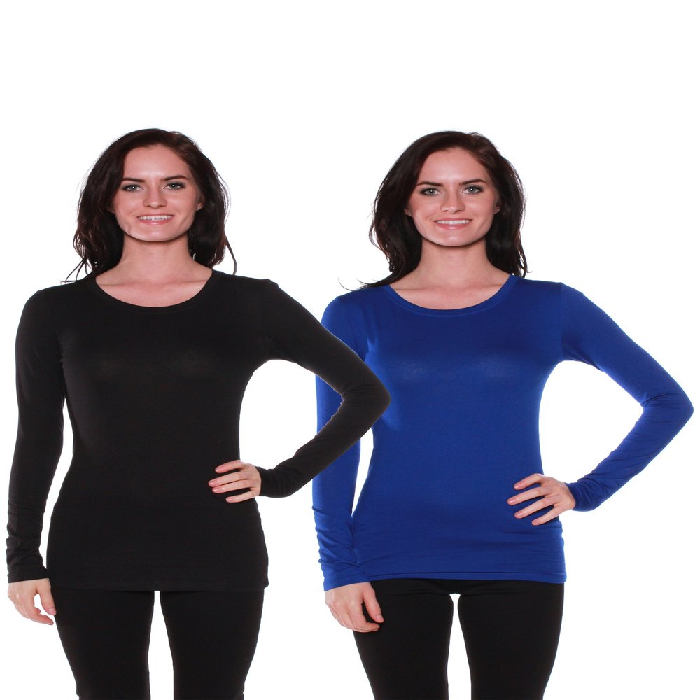 Active Basic Athletic Fitted Plain Long Sleeves Round Crew Neck T Shirt Top - Black/Royal - Small
