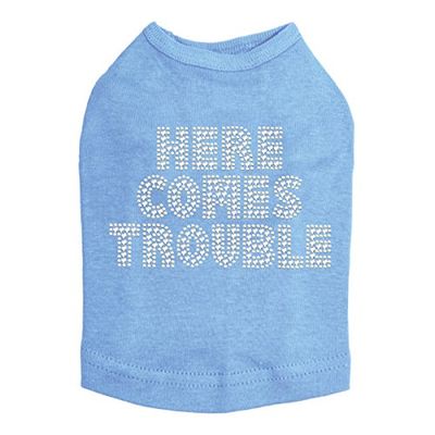 Here Comes Trouble Dog Shirt XS Blue