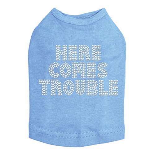 Here Comes Trouble Dog Shirt XS Blue