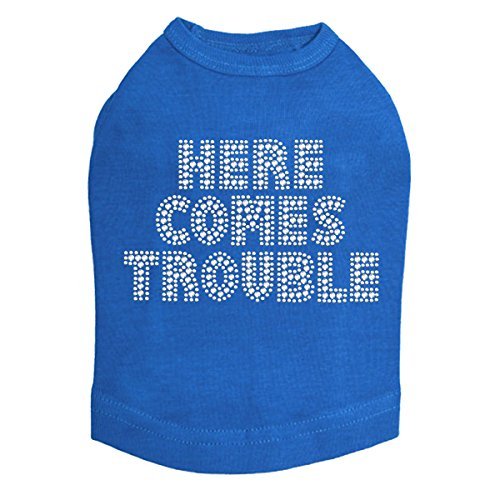 Here Comes Trouble Dog Shirt L Royal Blue