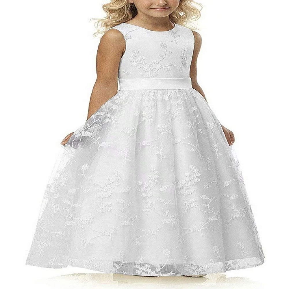 A line Wedding Pageant Lace Flower Girl Dress with Belt (Size 8, White)