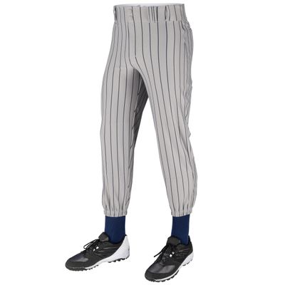 Champro Traditional Fit Triple Crown Classic Baseball Pants with Knit-in Pinstripes and Reinforced Sliding Areas, Grey, Navy pin, Medium
