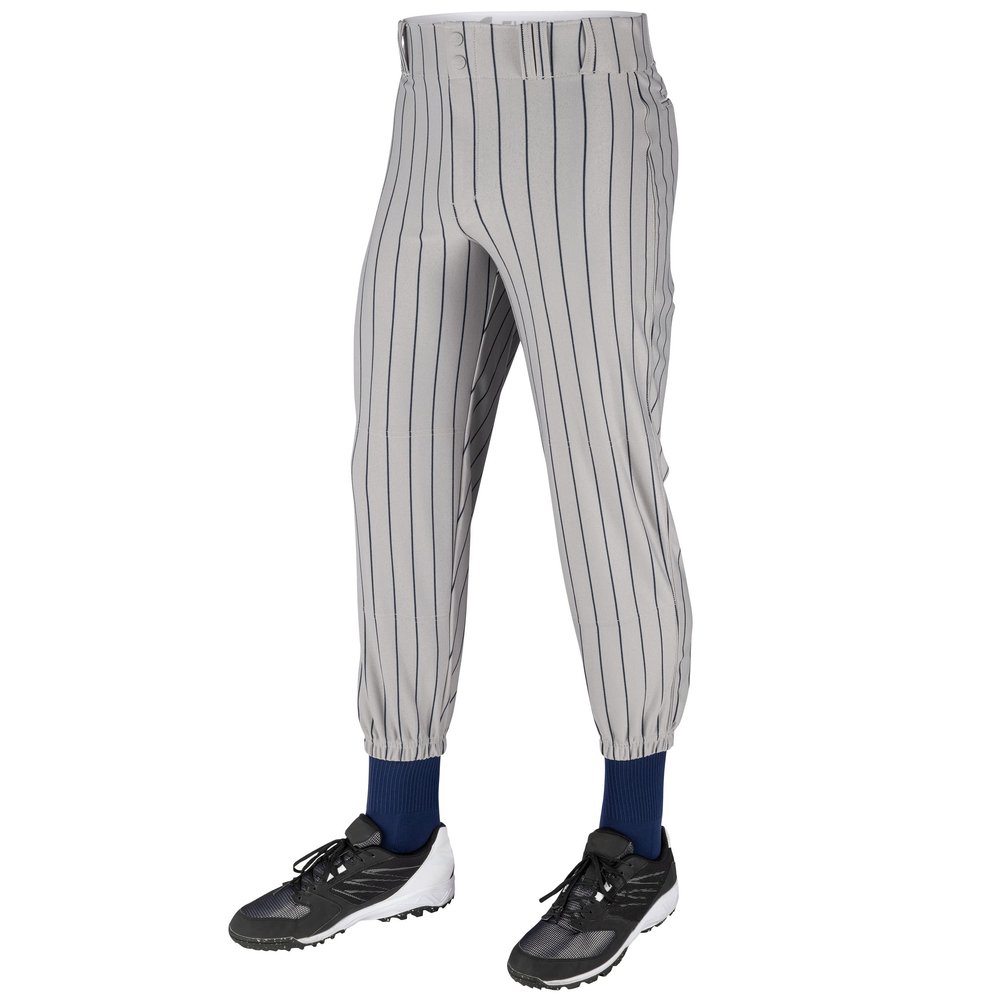 Champro Traditional Fit Triple Crown Classic Baseball Pants with Knit-in Pinstripes and Reinforced Sliding Areas, Grey, Navy pin, Medium