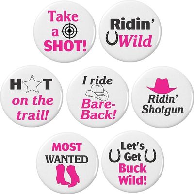 Set 7 Country Western Wedding Bachelorette Party 2.25 Large Buttons Pins Pink