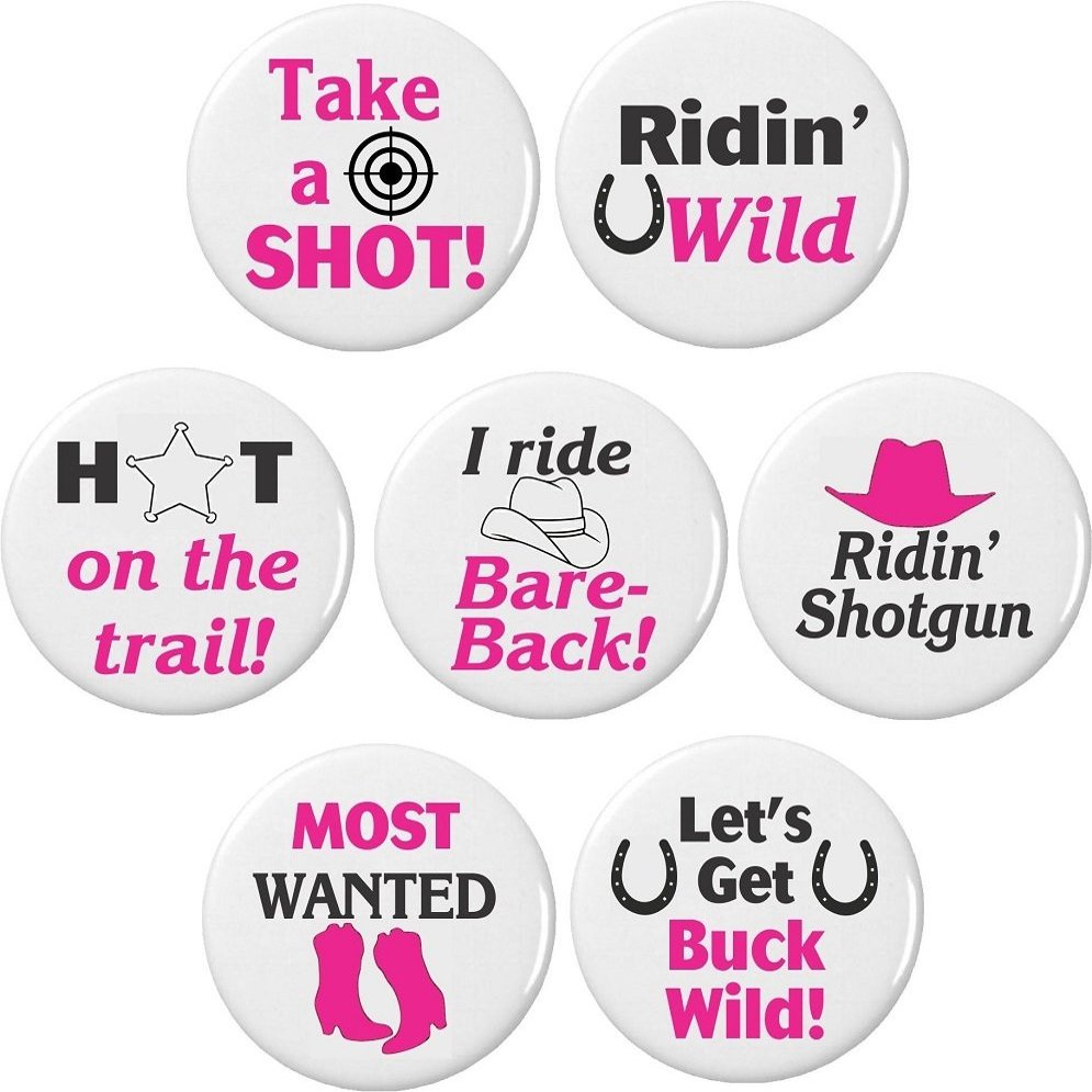 Set 7 Country Western Wedding Bachelorette Party 2.25 Large Buttons Pins Pink