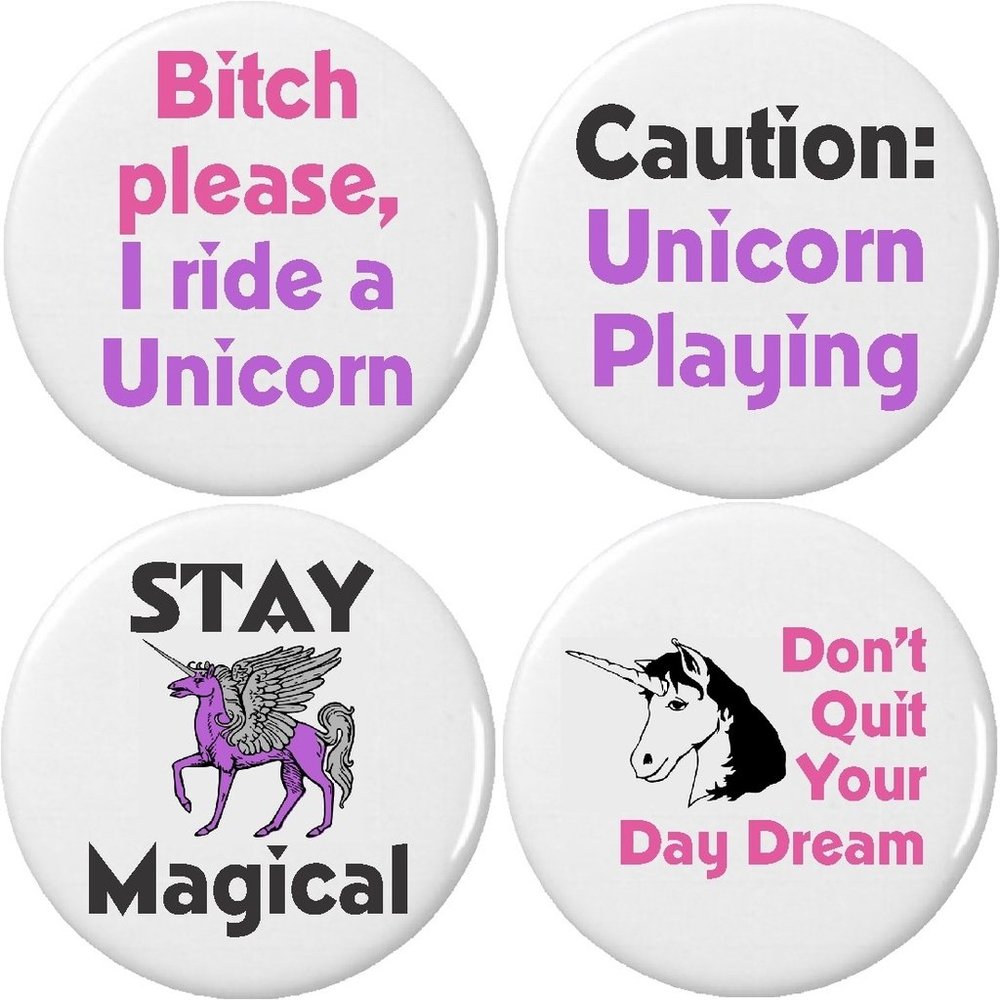 Set 4 Magical Purple Unicorn Playing Day Dream Themed 2.25 Large Buttons Pins