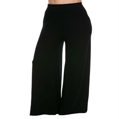 Superline Wide Leg High Fold Over Waist Palazzo Pants, Black Solid, XX-Large