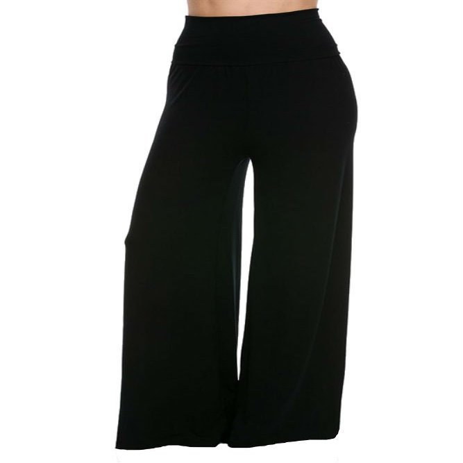 Superline Wide Leg High Fold Over Waist Palazzo Pants, Black Solid, XX-Large