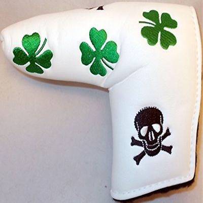 Guiote White Blade Putter Cover w/Embroidered Skulls & Clovers