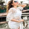 Women's Bathing Suit Cover Up Lace Crochet Tunic Bikini Beach Dress (M, White) view 3