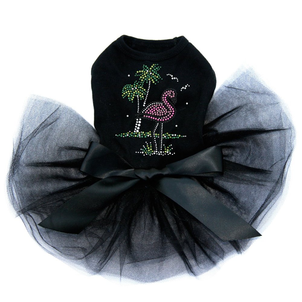Pink Flamingo with Palm Trees - Bling Rhinestone Dog Tutu Dress, XL Black