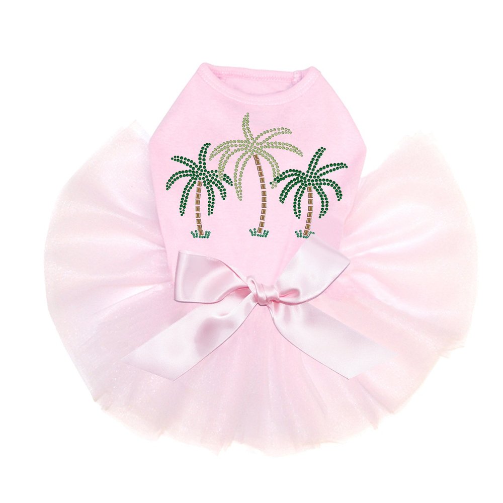 Palm Trees - Green Rhinestones - Bling Rhinestone Dog Tutu Dress, 4XL Pink