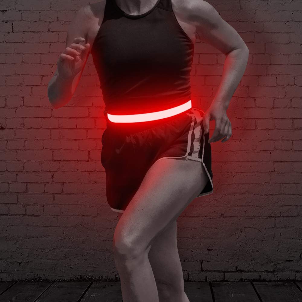 BSEEN LED Running Belt - Rechargeable Glowing Light Up Waistband, Reflective Gear Safety Lights for Runners, Joggers, Walkers, Pet Owners, Cyclists (Red)