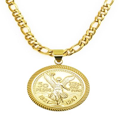 14kt Centenario Pendant & 24" Figaro Necklace Gold Plated - Dije De Centenario Y 24" Cadena Figaro
