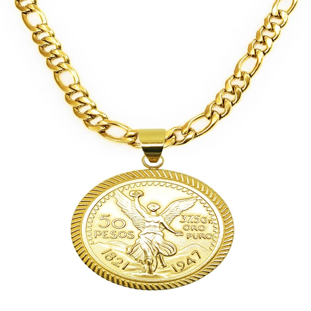 14kt Centenario Pendant & 24" Figaro Necklace Gold Plated - Dije De Centenario Y 24" Cadena Figaro