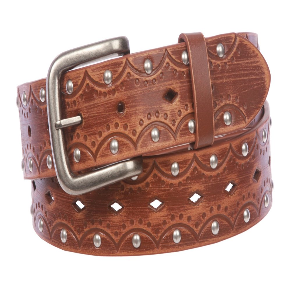 1 1/2" Snap on Perforated Vintage Embossed Studded Jean Belt, Tan | M/L - 36
