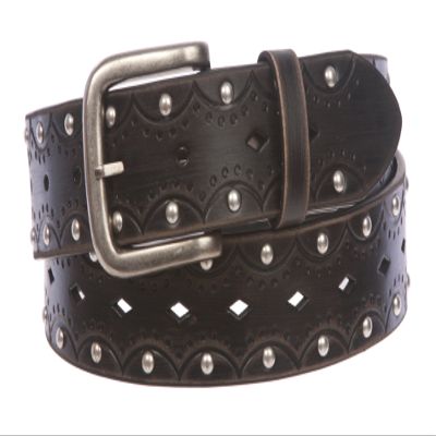 1 1/2" Snap on Perforated Vintage Embossed Studded Jean Belt, Black | L/XL - 40