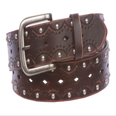 1 1/2" Snap on Perforated Vintage Embossed Studded Jean Belt, Brown | L/XL - 40