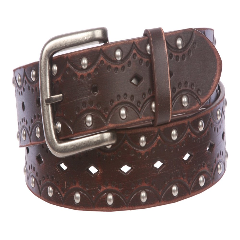 1 1/2" Snap on Perforated Vintage Embossed Studded Jean Belt, Brown | L/XL - 40
