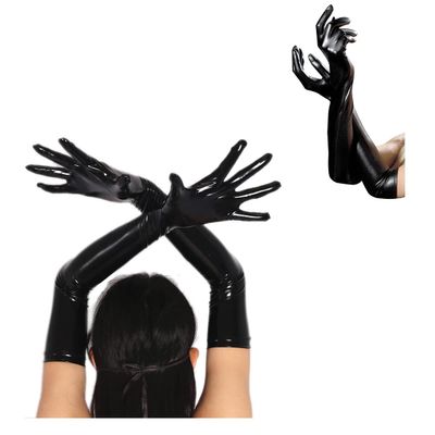 Black Leather Long Gloves Sexy PVC Look Dominatrix Costume Accessory Glove