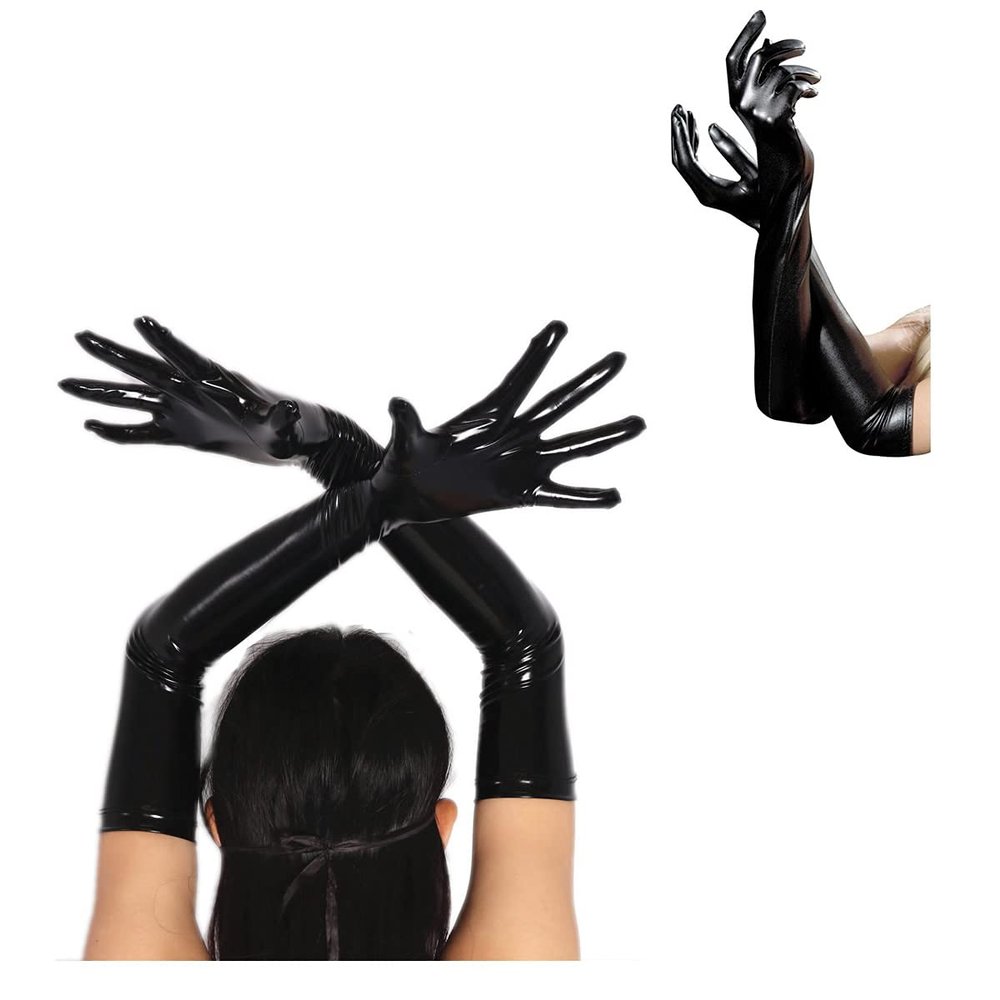 Black Leather Long Gloves Sexy PVC Look Dominatrix Costume Accessory Glove