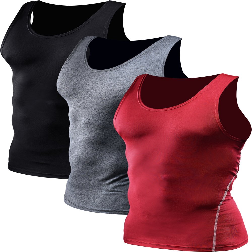 NELEUS Men's 3 Pack Athletic Compression Under Base Layer Sport Tank Top,01,Black,Grey,Red,L,EUR XL