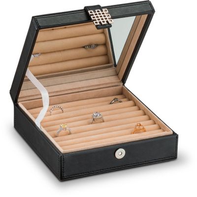 Glenor Co Ring Box Organizer - 54 Slot Classic Jewelry Display Case Holder - Storage Tray with Modern Buckle Closure, Large Mirror - for Rings and Cufflinks - Small for Travel - PU leather - Black