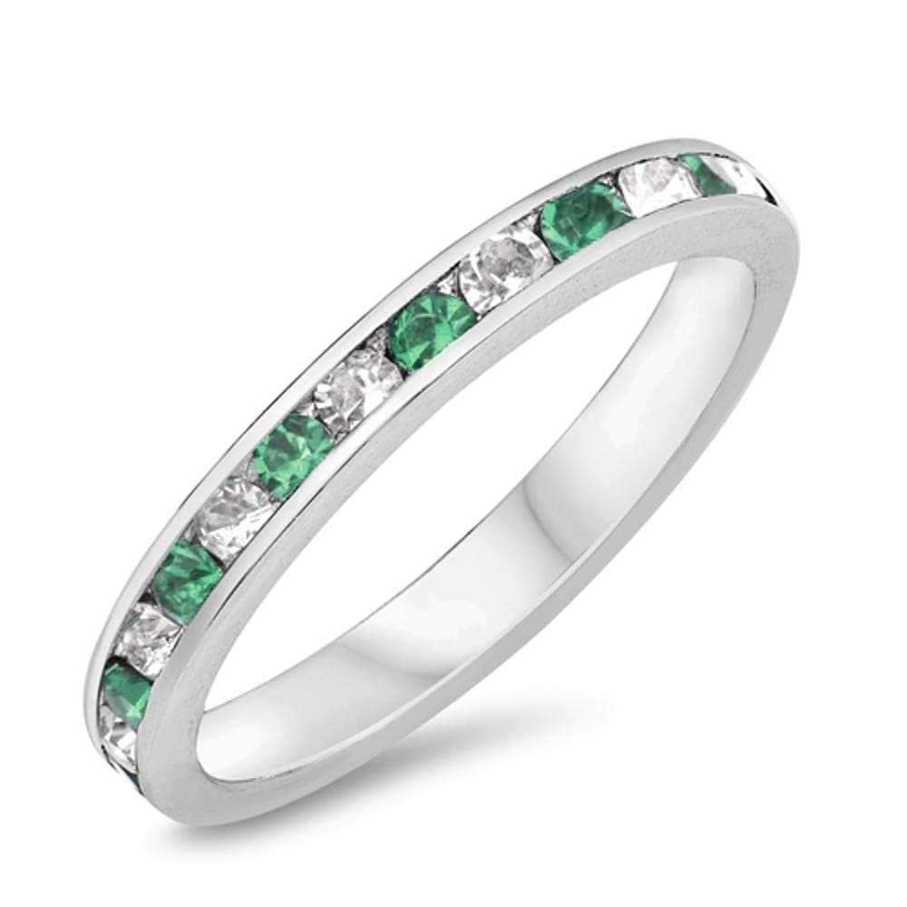Eternity Simulated Emerald Stackable Ring New .925 Sterling Silver Band Size 9