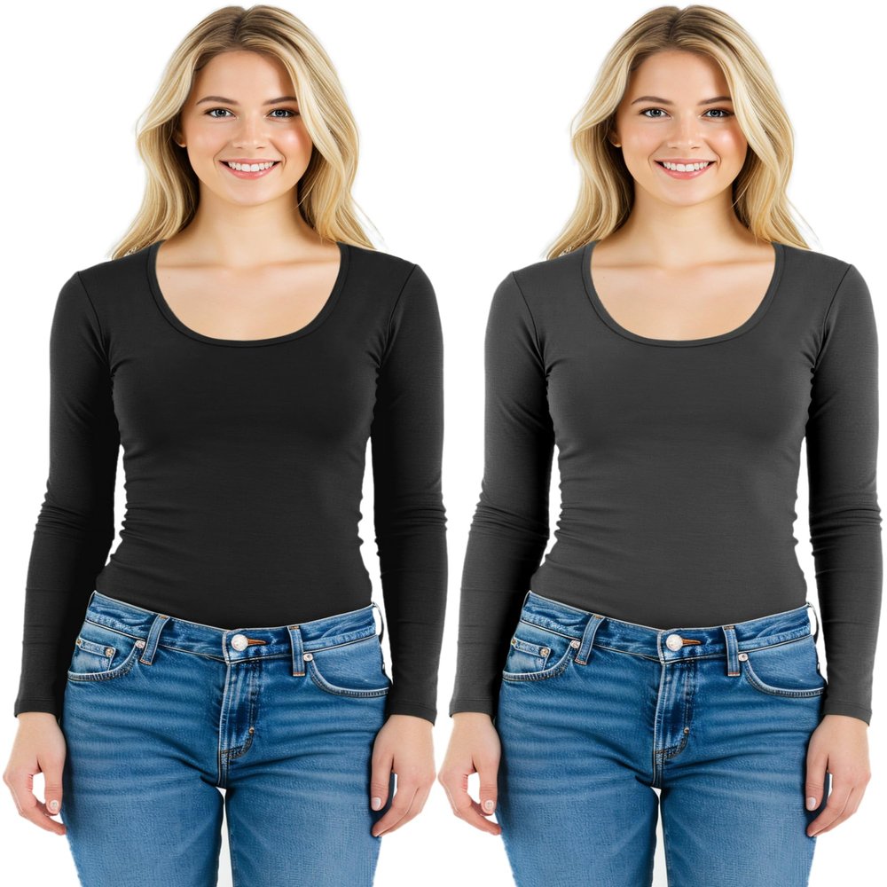 Emmalise Women's Junior and Plus Size Basic Scoop Neck Tshirt Long Sleeve Tee, Medium, 2Pk Black, Charcoal