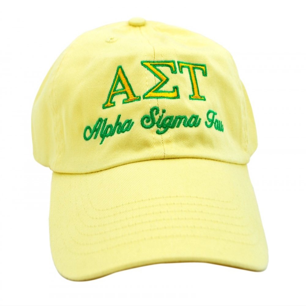 Alpha Sigma Tau AST Script Cap Yellow w/Dark Green/Light Gold Thread Color